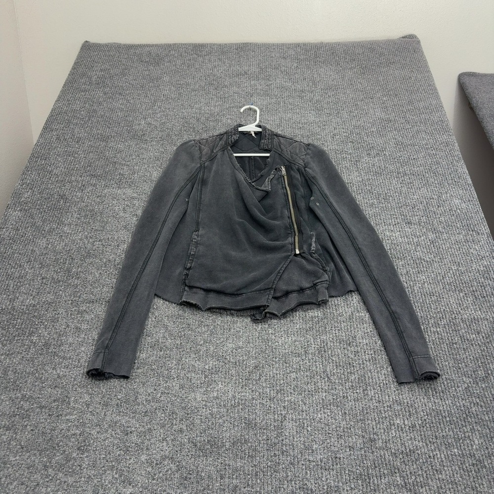 Free People Jacket Womens M Black Cotton Quilted Asymmetrical Raw Hem Moto Edgy